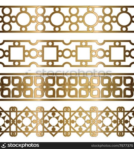 Set of golden oriental geometrical seamless borders. Decorative design elements. Vector illustration.