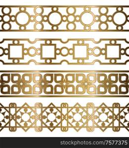 Set of golden oriental geometrical seamless borders. Decorative design elements. Vector illustration.