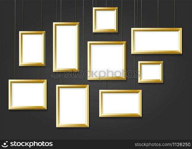 Set of golden picture frames isolated on black background. Vector illustration.