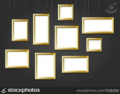 Set of golden picture frames isolated on black background. Vector illustration.