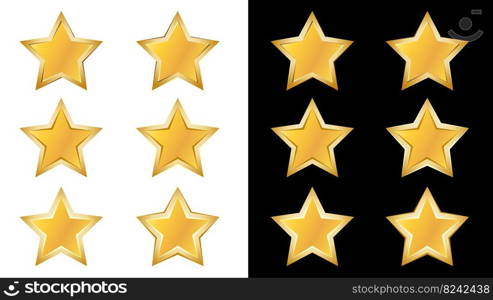 Set of golden rating stars with borders on white and black background. For rating or decorative decoration. Vector design element.