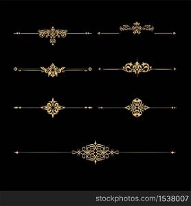 Set of golden realistic vintage decorative border text delimiters vector graphic illustration. Collection of luxury classic elegant retro frame ornament isolated on black background. Set of golden realistic vintage decorative border text delimiters vector graphic illustration