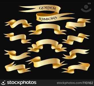 Set of golden ribbon isolated on black background. Golden Banner collection. Holiday stickers and design elements. Vector illustration.
