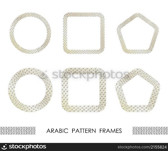 Set of golden round and square abstract geometric arabic pattern frames for decorative headers. Gold ornates mosaic frames with leaves isolated on white background. Vector