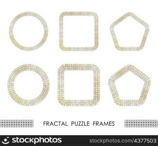 Set of golden round and square abstract geometric fractal frames for decorative headers. Gold ornates mosaic frames with leaves isolated on white background. Vector