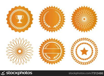 Set of golden seals with star, champion cap, laurel branches abstract graphic elements vector set exclusive golden stamps certificate labels water marks. Set Water Marks Golden Seals Star Laurel Branches
