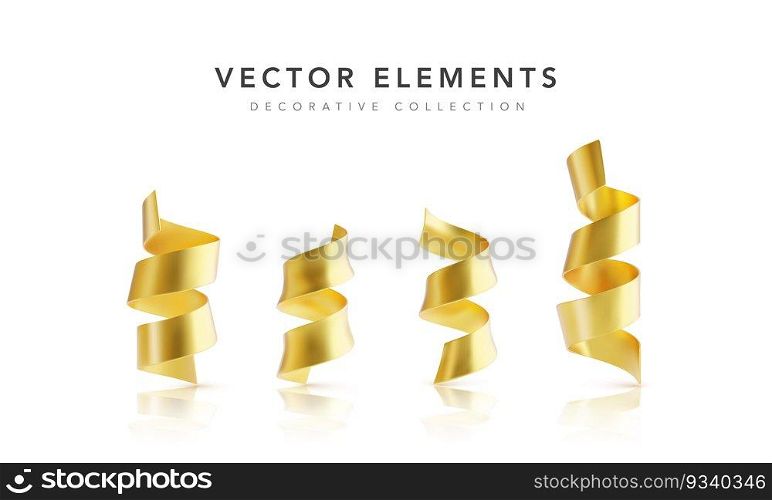 Set of golden serpantine ribbons with reflections isolated on white background.