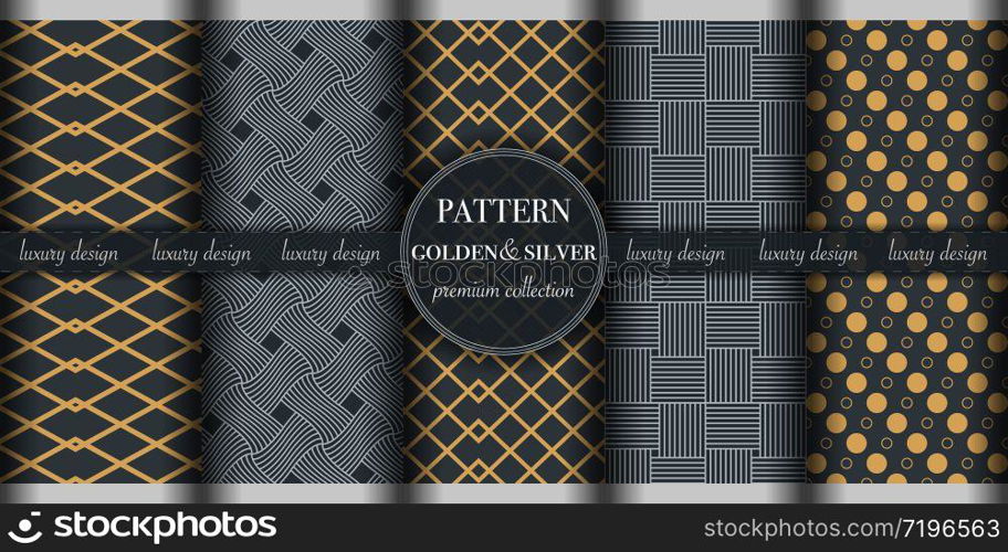 Set of golden silver luxury geometric seamless pattern background. Abstract texture line, dot retro style vector illustration, wallpaper, flyer, cover, design template. minimalistic ornament, backdrop