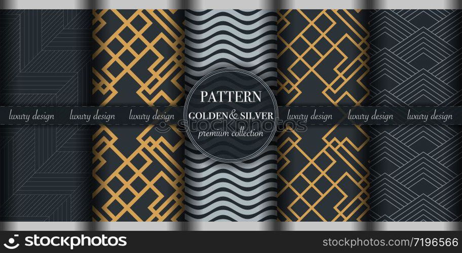 Set of golden silver luxury geometric seamless pattern background. Abstract texture line, dot retro style vector illustration, wallpaper, flyer, cover, design template. minimalistic ornament, backdrop