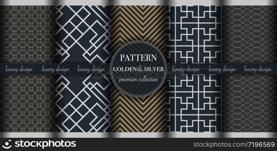 Set of golden silver luxury geometric seamless pattern background. Abstract texture line, dot retro style vector illustration, wallpaper, flyer, cover, design template. minimalistic ornament, backdrop