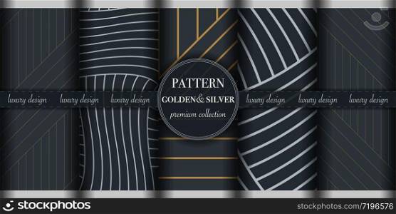 Set of golden silver luxury geometric seamless pattern background. Abstract texture line, dot retro style vector illustration, wallpaper, flyer, cover, design template. minimalistic ornament, backdrop