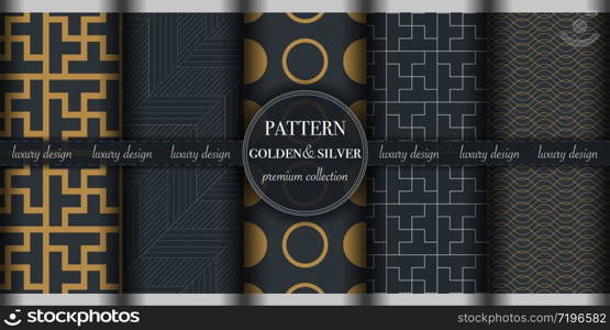 Set of golden silver luxury geometric seamless pattern background. Abstract texture line, dot retro style vector illustration, wallpaper, flyer, cover, design template. minimalistic ornament, backdrop