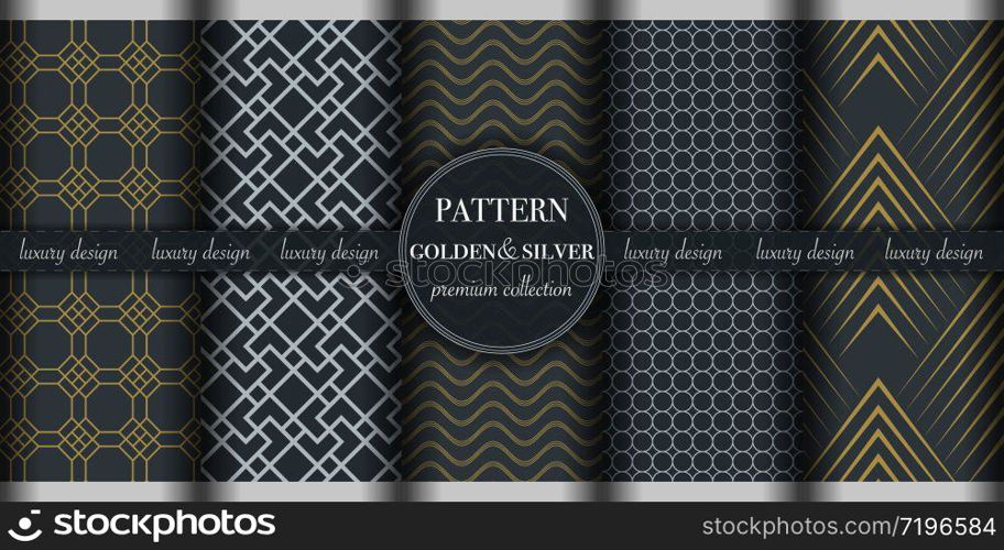 Set of golden silver luxury geometric seamless pattern background. Abstract texture line, dot retro style vector illustration, wallpaper, flyer, cover, design template. minimalistic ornament, backdrop