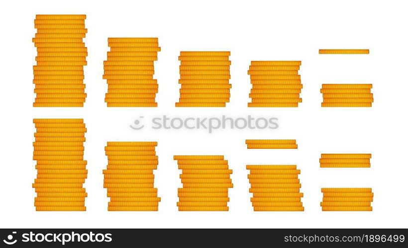 Set of golden stacks of coins isolated on white. Cartoon style. Side view. Big jackpot. Vector 10.