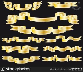 Set of golden striped ribbons on black background