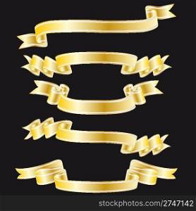 Set of golden vector ribbons on black background