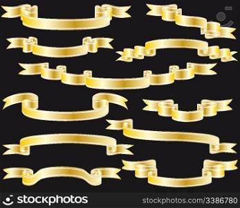 Set of golden vector ribbons on black background