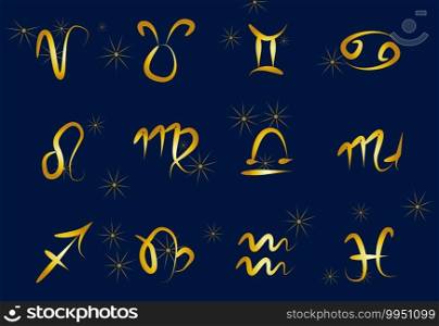 Set of golden Zodiac signs on a dark background. Square icons. Set of golden Zodiac signs on a dark background. Square icons.