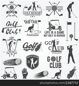 Set of Golf club concept with golfer silhouette and design elements. Vector golfing club retro badge. Concept for shirt, print, seal or stamp. Typography design.. Set of Golf club concept with golfer silhouette.