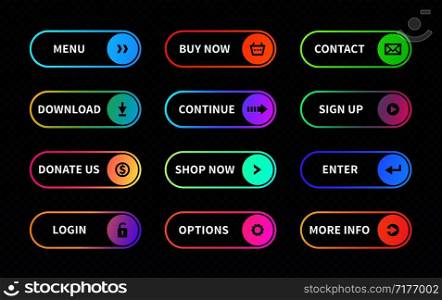 Set of gradient action buttons. Flat web submit form, modern transition sign, game navigation ui design element. Vector illustration different light rectangular call banner actions on transparent background. Set of gradient action buttons. Flat web submit form, modern transition sign, game navigation ui design element