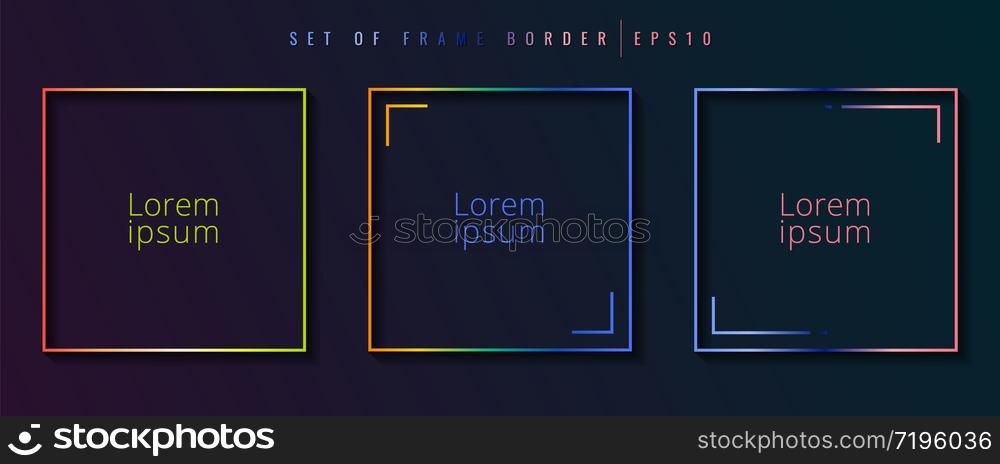 Set of gradient square border frame vibrant color on dark background. Graphic element geometric shape. Vector illustration