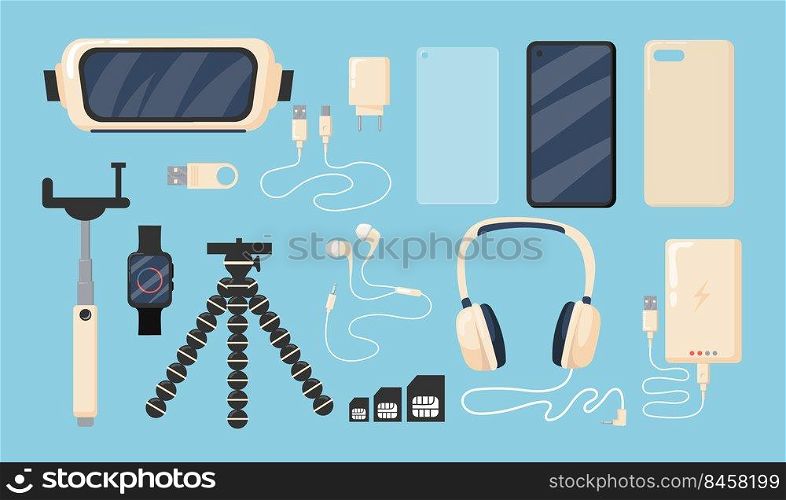 Set of graphic phone accessories flat vector illustration. Isolated smartphone, battery, charger, cover, 3D or VR glasses, watch on blue background. Modern technology concept for apps, banner design