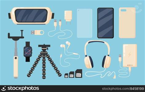 Set of graphic phone accessories flat vector illustration. Isolated smartphone, battery, charger, cover, 3D or VR glasses, watch on blue background. Modern technology concept for apps, banner design
