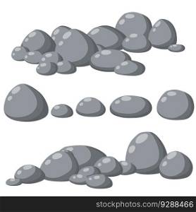 Set of gray granite stones of different shapes. Element of nature, mountains, rocks, caves. Flat illustration. Minerals, boulder and cobble. Element of nature, mountains