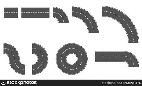 Set of gray road piece with broken line in middle isolated on white. Road constructor. Vector clipart.. Set of gray road piece with broken line in middle isolated on white. Road constructor. Clipart.
