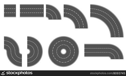 Set of gray section of road with three lanes separated by dashed line isolated on white. Road constructor. Vector clipart.. Set of gray section of road with three lanes separated by dashed line isolated on white. Road constructor. Clipart.