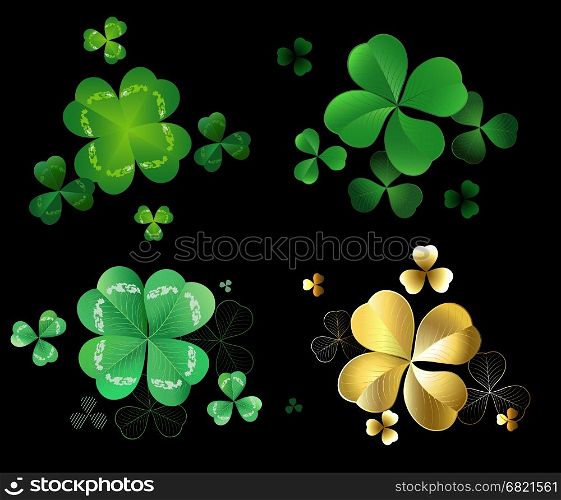 Set of green and gold leaves clover with three and four leaves on a black background .