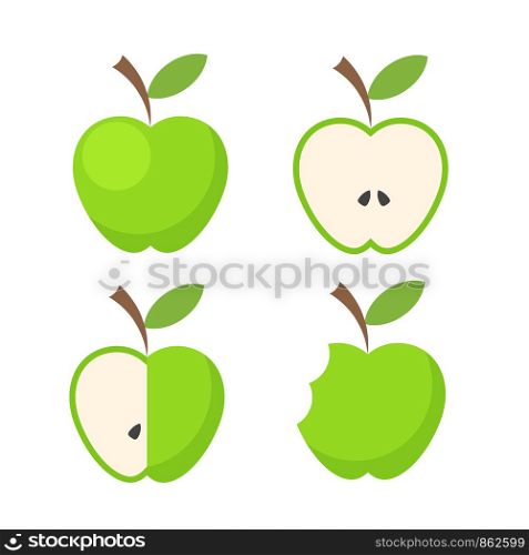 Set of green apple fruit icon on white, stock vector illustration