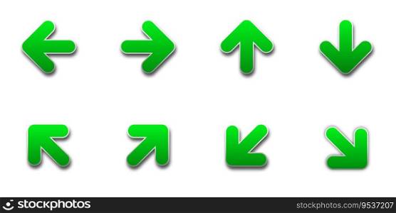 Set of green arrows with shadows. Flat vector illustration.