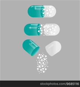 Set of green capsules with powder. Open, closed capsule with medicine. Health pill. Vector illustration. EPS 10. Stock image.. Set of green capsules with powder. Open, closed capsule with medicine. Health pill. Vector illustration. EPS 10.