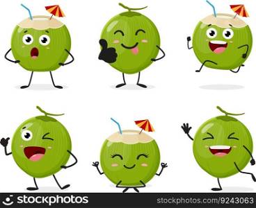 Set of green coconut fruit cartoon character 