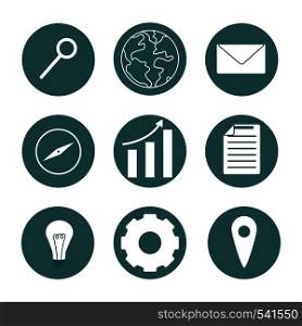 Set of green color web pictogram. E-mail, Arrow move up, Magnifying glass, Document, Compass, E-mail, Light bulb, Gear, Map pointer icons. Flat style vector illustration isolated on white background. Set of green color web pictogram. Flat style vector illustration