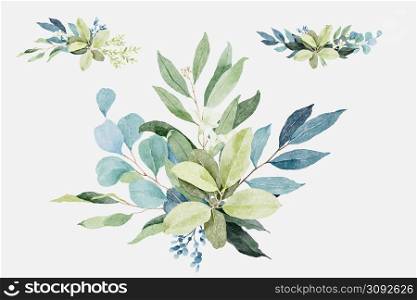 Set of green leaves bouquets in watercolor style