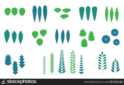 Set of green leaves isolated on white background. Trendy flat design nature plant and tropical foliage.
