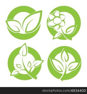Set of green leaves round stickers. Vector illustration.