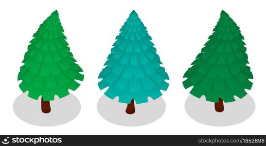 Set of green New Years Christmas trees in isometric in cartoon style. Celebrating new year and christmas. Isolated vector on white background