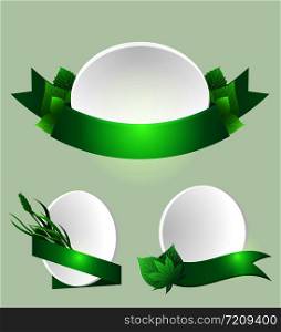 Set of green ribbons with leaves. Vector element for banners, buttons, brochures, menu and for your design. Set of green ribbons with leaves. Vector element for banners, bu