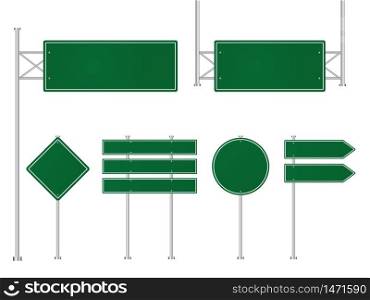 Set of green road traffic signs. Direction plate for street. Blank signboard, signage forhighway, information panel. Template road sign, signpost of location. Mockup signboard. Design vector eps10. Set of green road traffic signs. Direction plate for street. Blank signboard, signage forhighway, information panel. Template road sign, signpost of location. Mockup signboard. Design vector