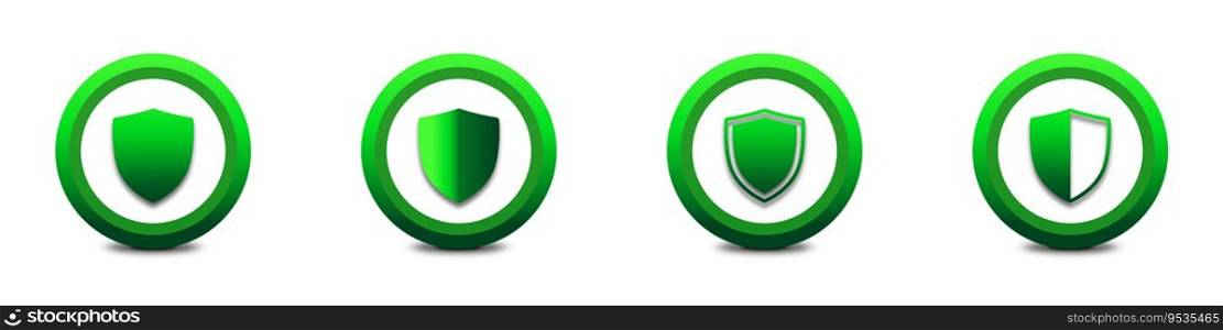 Set of green shield icons with shadows. Green gradient shield. Flat vector illustration.