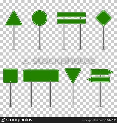 Set of green traffic signs on transparent background. Empty road signs. Road panels mockup for way direction, text, danger, stop, location. Information city guide board. Realistic notice frame. Vector. Set of green traffic signs on transparent background. Empty road sign. Road panels mockup for way direction, text, danger, stop, location. Information city guide board. Realistic notice frame. Vector