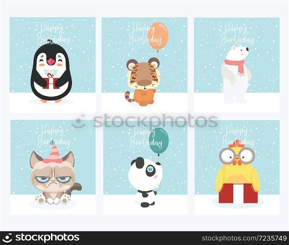 Set of Greeting card with animals vector illustration.