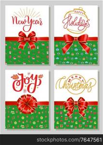 Set of greeting cards for new year and christmas congratulations. Xmas present with symbol of winter holidays. Ribbon bow and calligraphic inscription. Santa Claus and reindeer characters vector. Happy Holidays Christmas and New Year Greeting Set