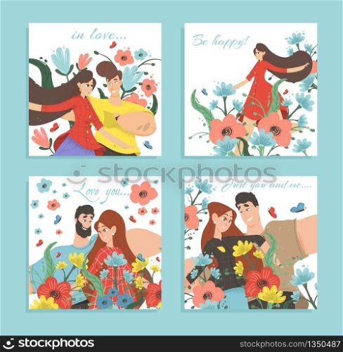 Set of Greeting Cards or Romantic Banners. Happy Couple in Love Portrait. Young Man and Woman Enjoying Relations among Beautiful Flowers, Valentine or Family Day. Cartoon Flat Vector Illustration. Set of Love Cards or Romantic Banners Happy Couple