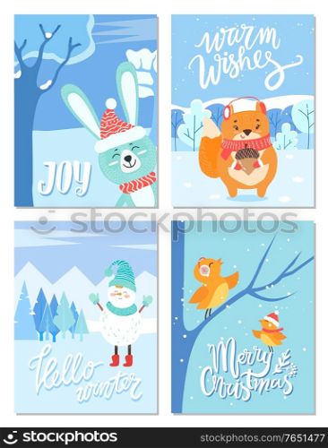 Set of greeting cards with calligraphic inscription for christmas and new year celebration. Animals in forest with snow. Bullfinch birds and snowman wearing clothes. Fox with acorn, and bunny vector. Warm Wishes, Merry Christmas Greeting Cards Set