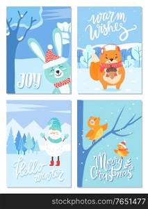 Set of greeting cards with calligraphic inscription for christmas and new year celebration. Animals in forest with snow. Bullfinch birds and snowman wearing clothes. Fox with acorn, and bunny vector. Warm Wishes, Merry Christmas Greeting Cards Set