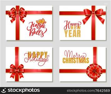 Set of greeting or gift cards with best wishes on new year and Christmas. Decorative certificate with ribbon bow and calligraphic inscription. Decor on carton paper. Present on holidays vector. Happy New Year and Merry Christmas Gift Cards Set